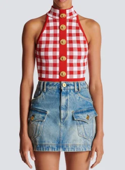 Women Balmain Fine Gingham Knit Tank Top