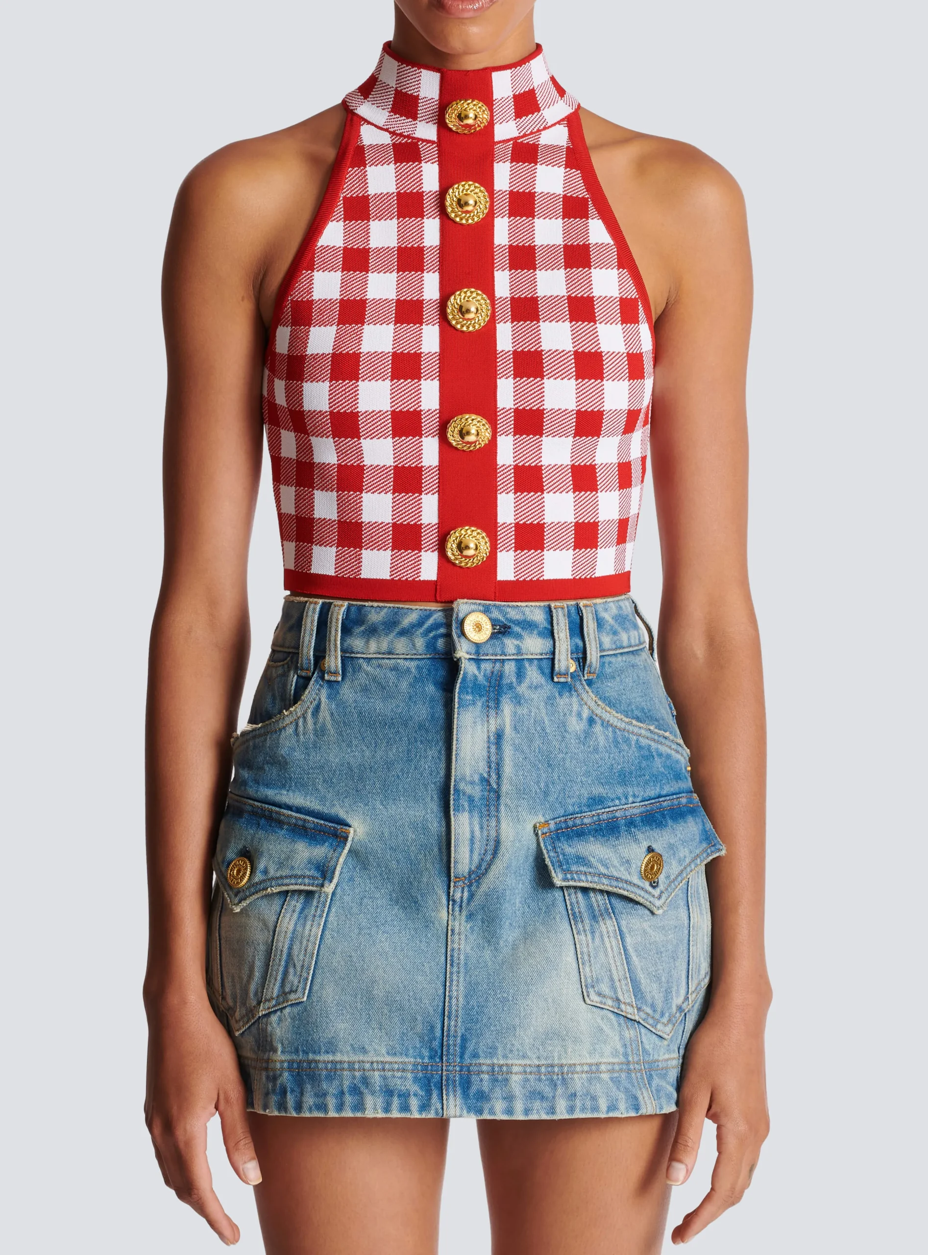 Women Balmain Fine Gingham Knit Tank Top