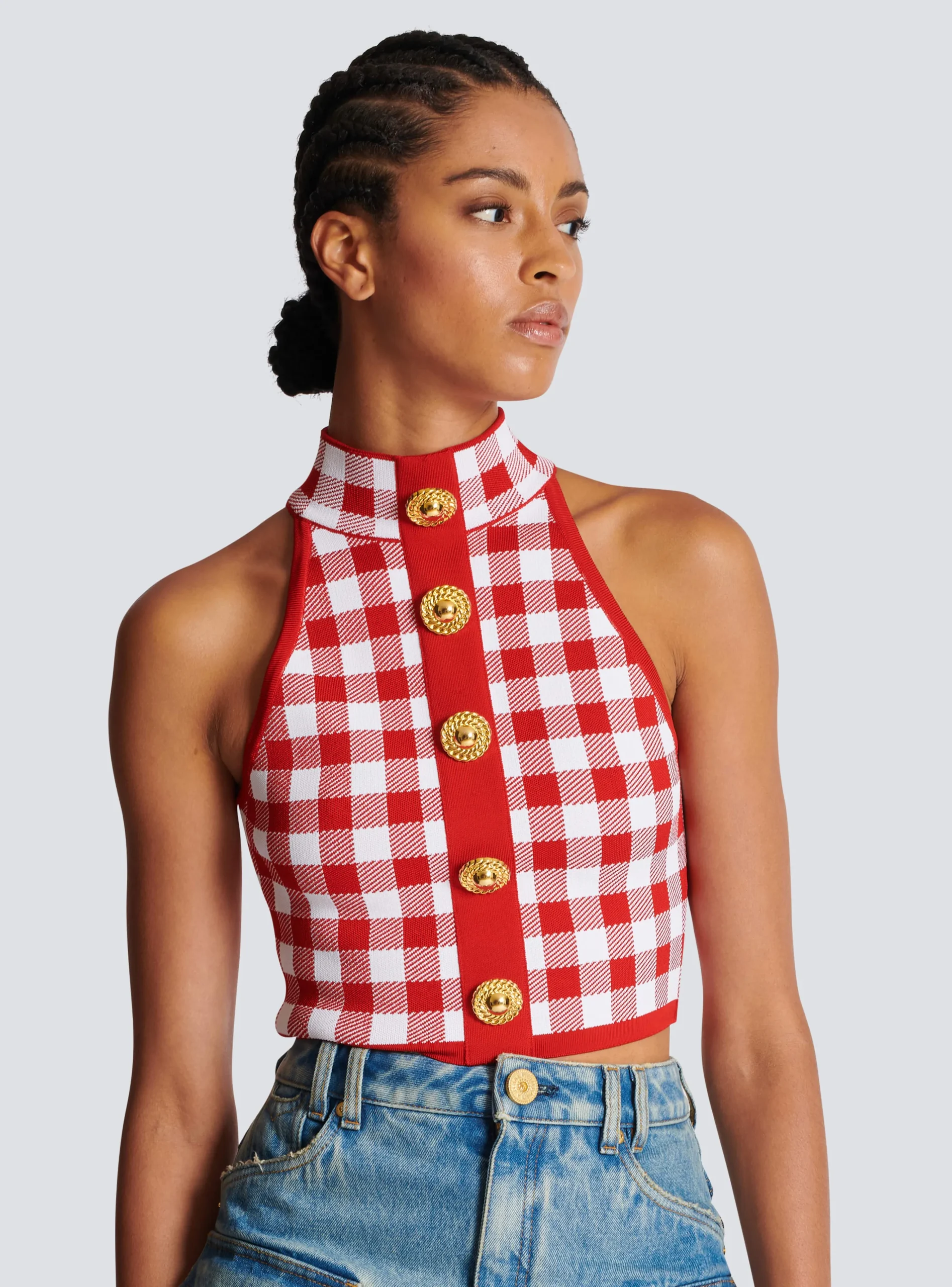 Women Balmain Fine Gingham Knit Tank Top