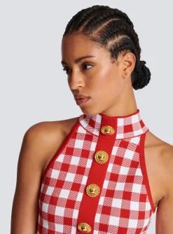 Women Balmain Fine Gingham Knit Tank Top
