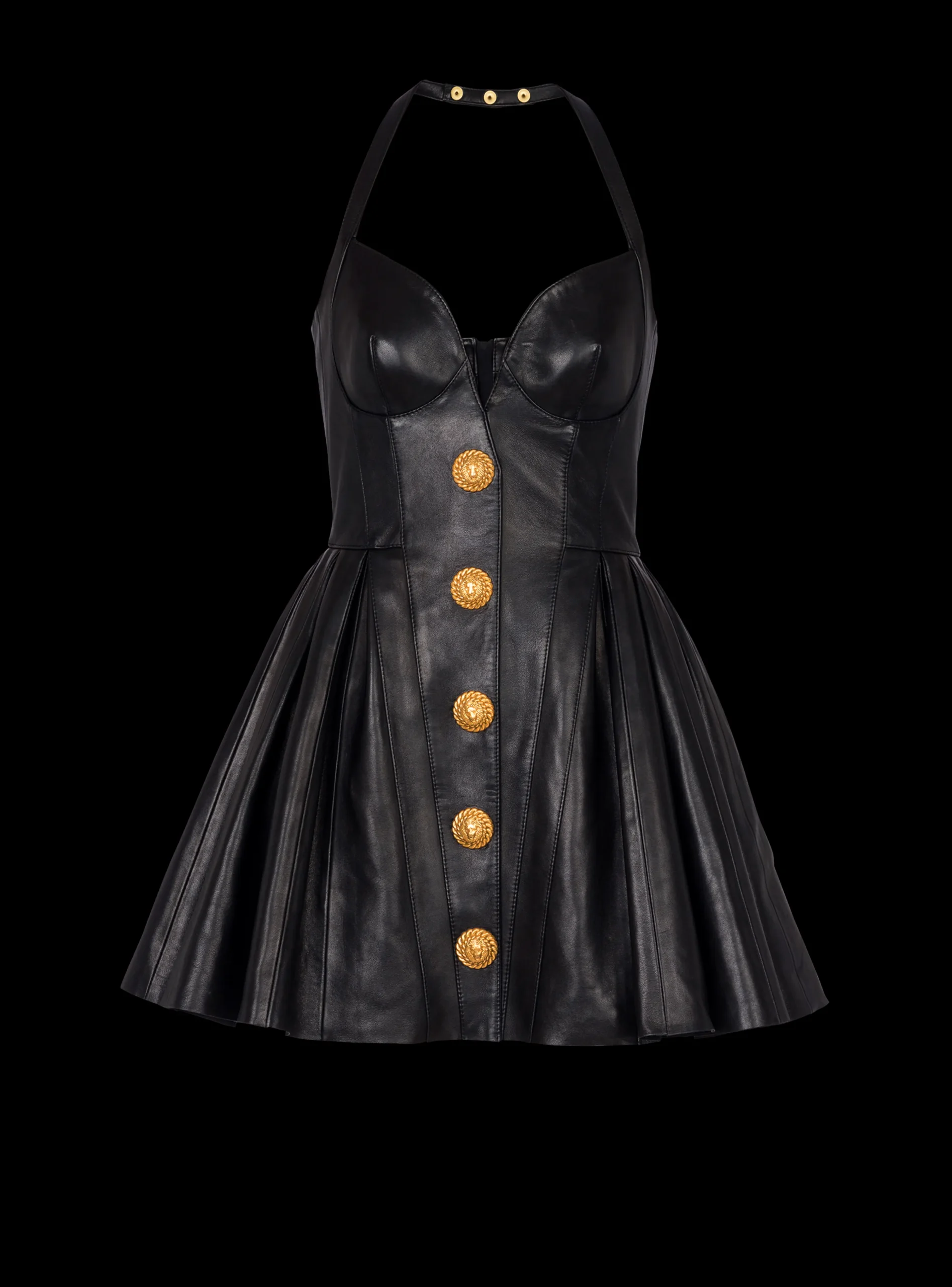 Women Balmain Flared Pleated Halterneck Dress In Leather