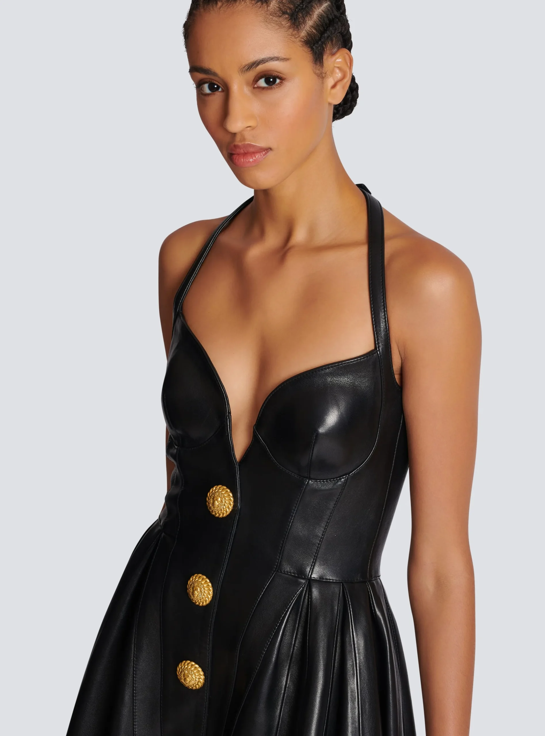 Women Balmain Flared Pleated Halterneck Dress In Leather