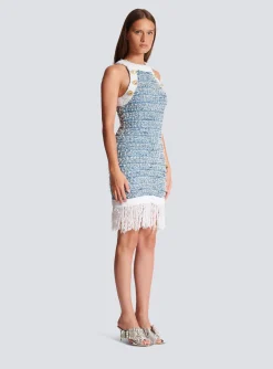 Women Balmain Fringed Denim Tweed Dress