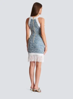 Women Balmain Fringed Denim Tweed Dress