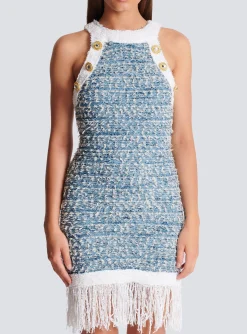 Women Balmain Fringed Denim Tweed Dress