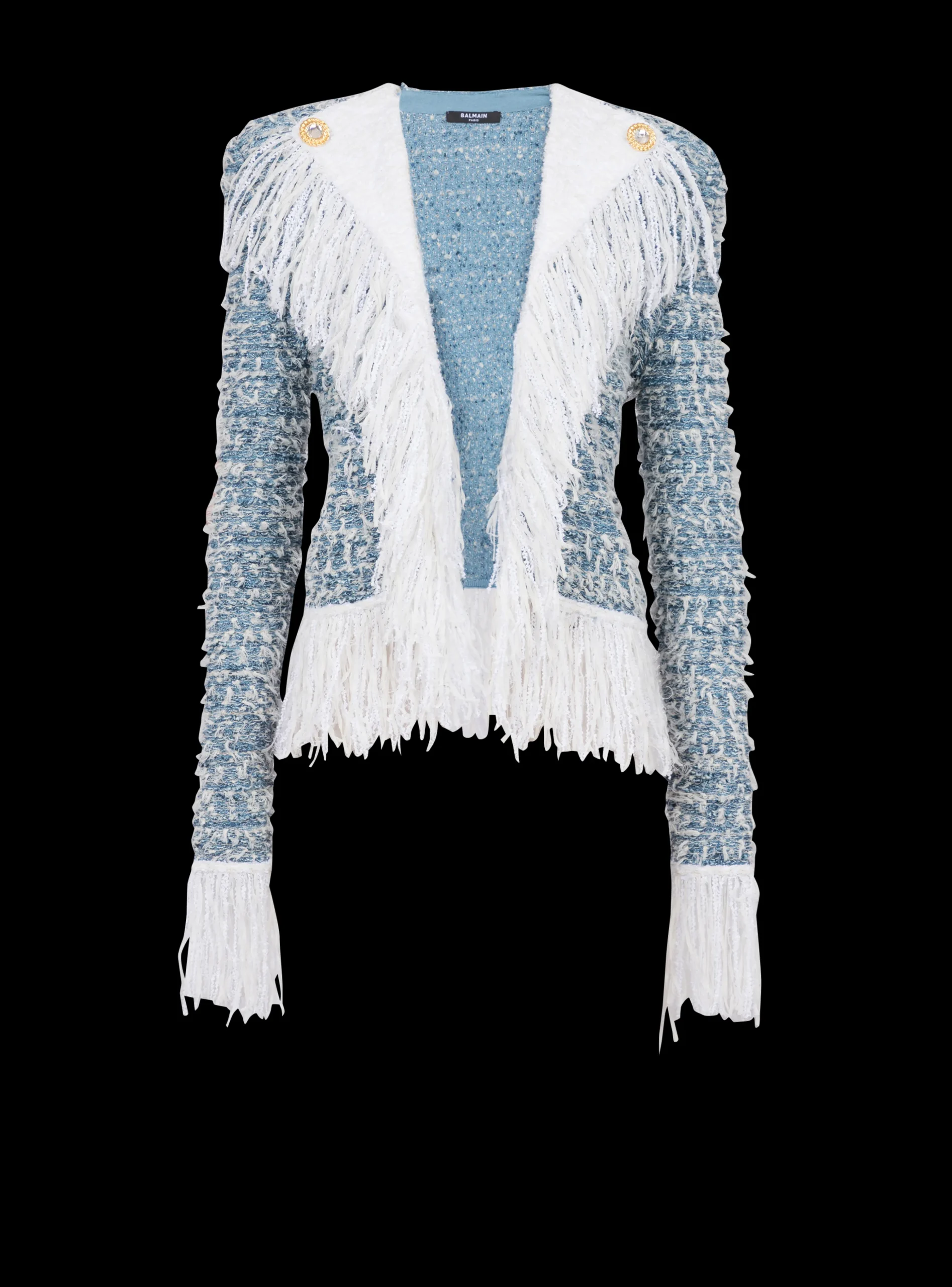 Women Balmain Fringed Denim Tweed Jacket