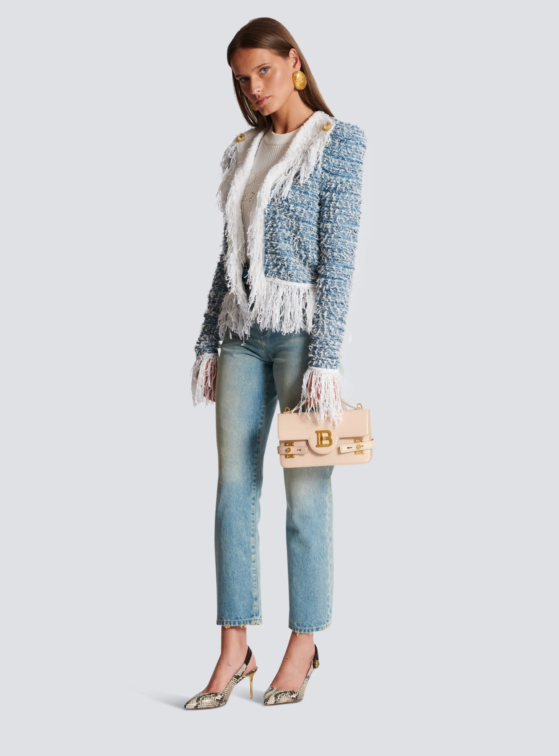 Women Balmain Fringed Denim Tweed Jacket