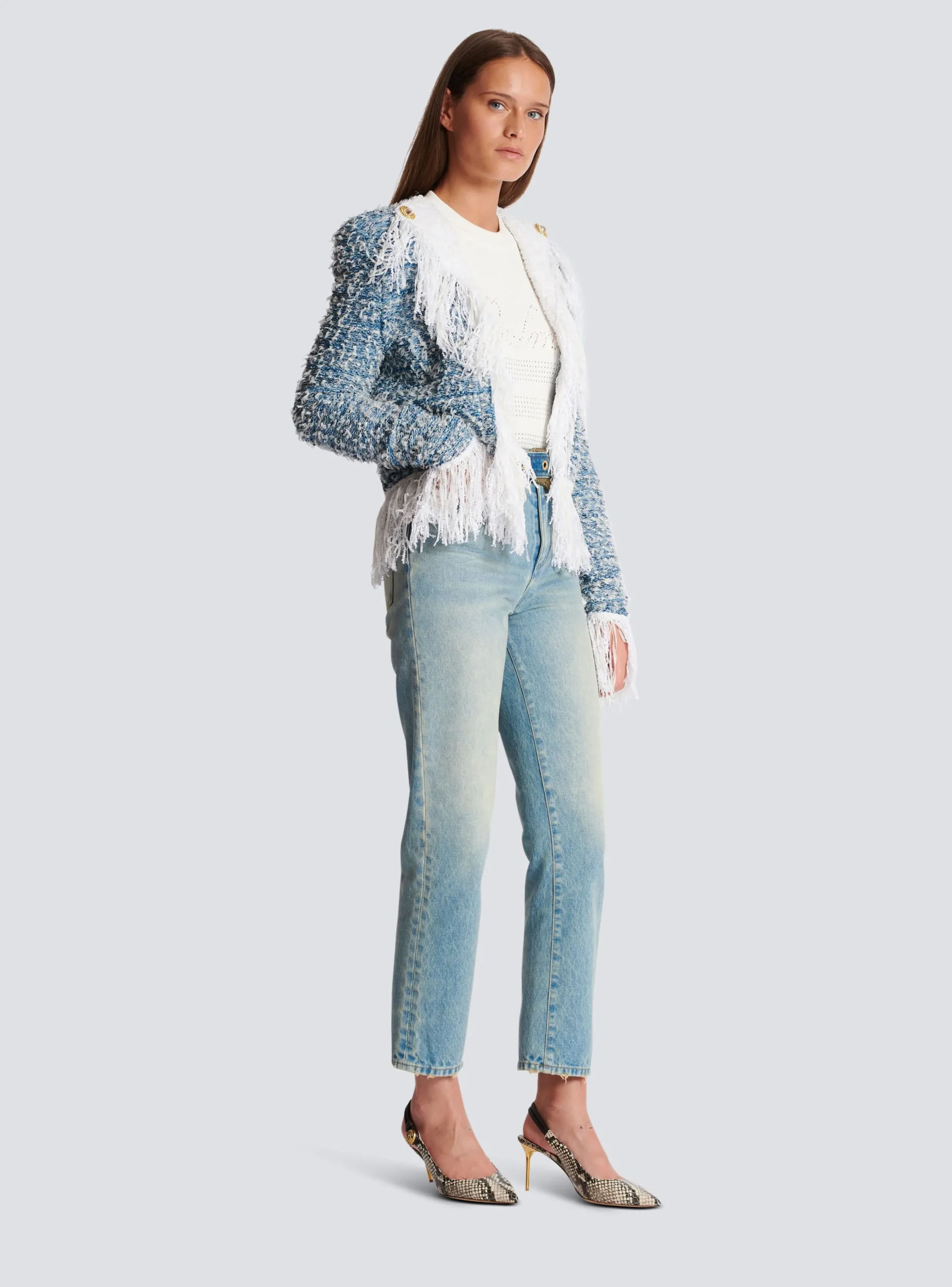 Women Balmain Fringed Denim Tweed Jacket