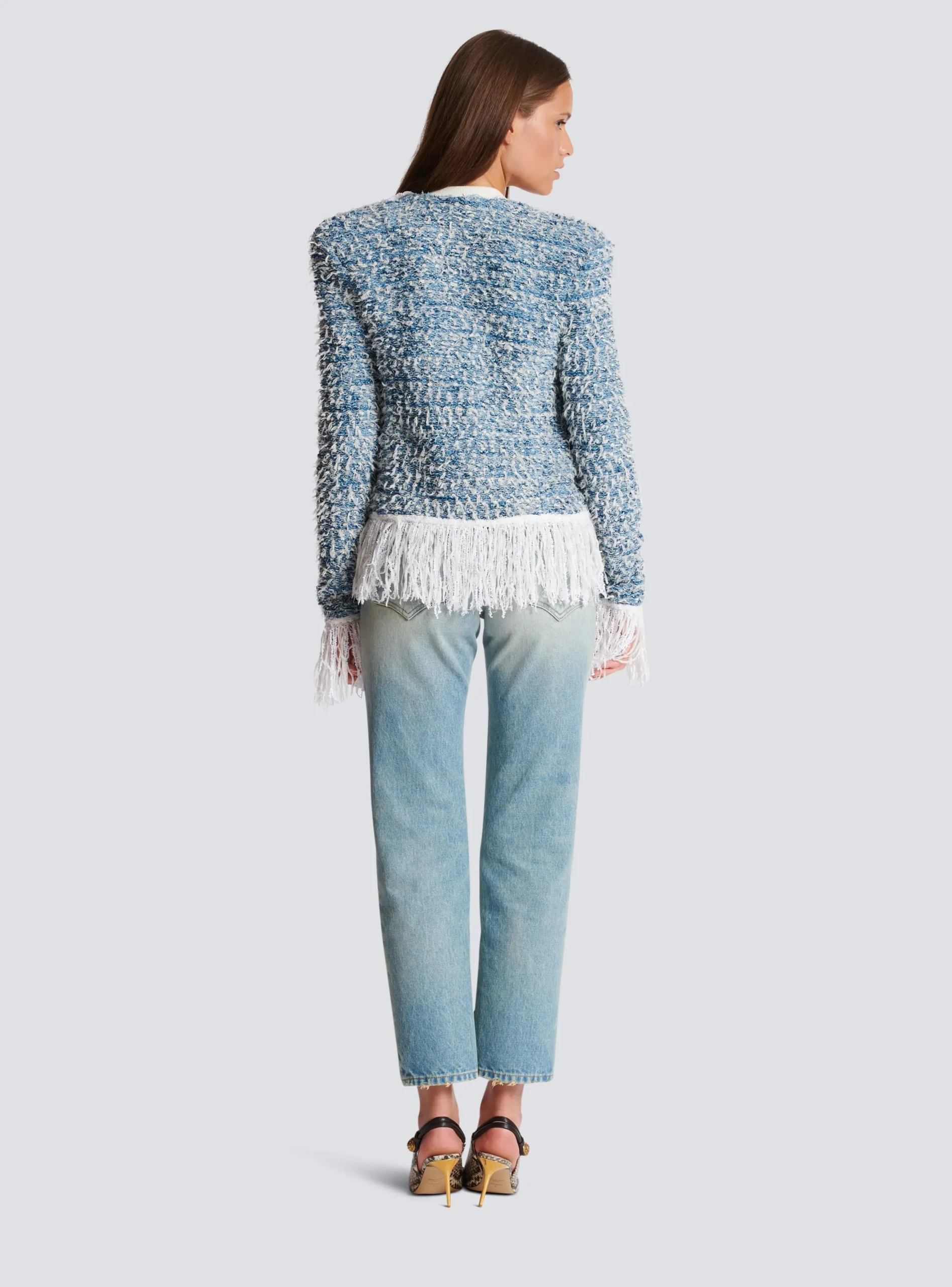 Women Balmain Fringed Denim Tweed Jacket