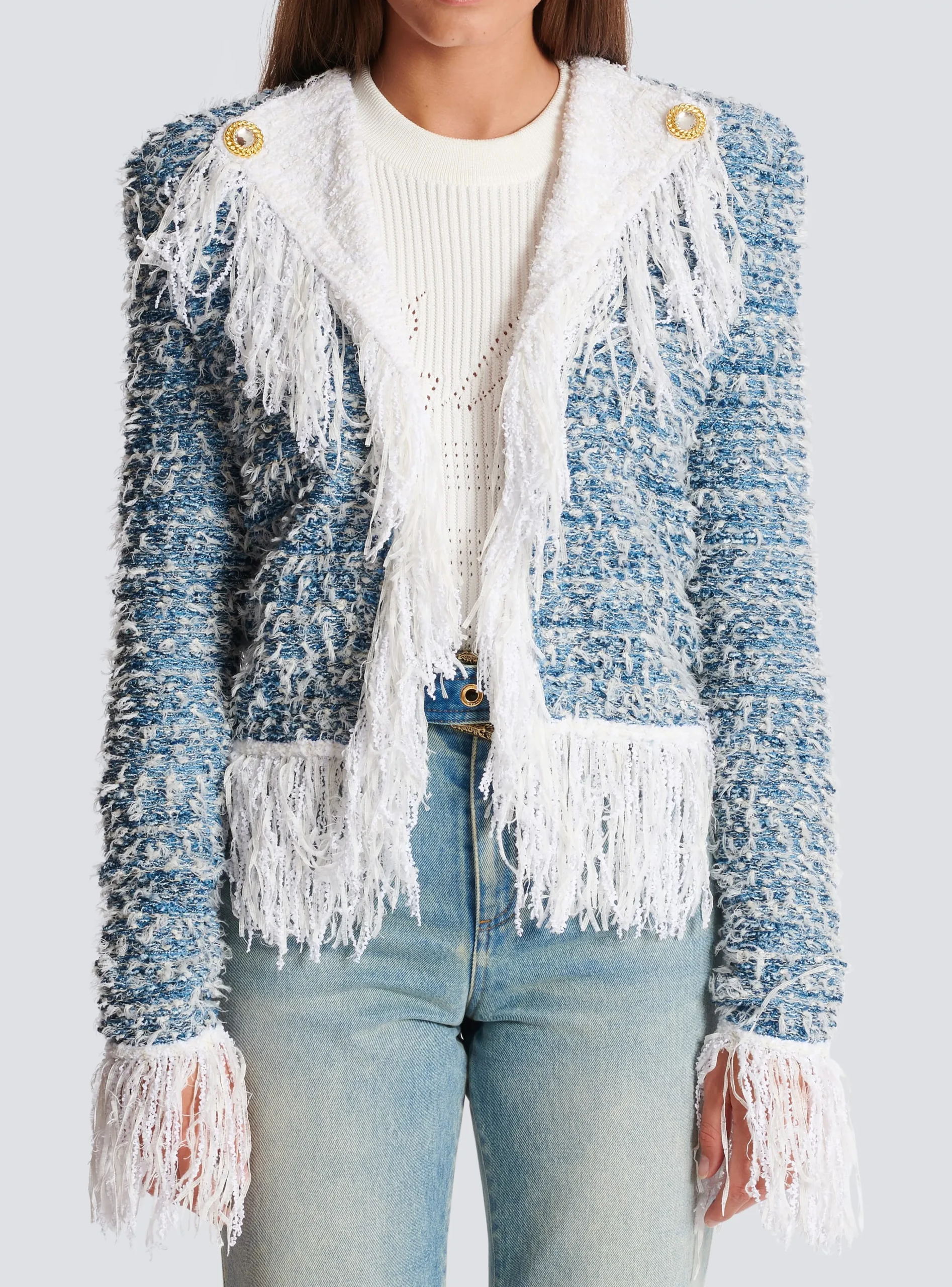 Women Balmain Fringed Denim Tweed Jacket