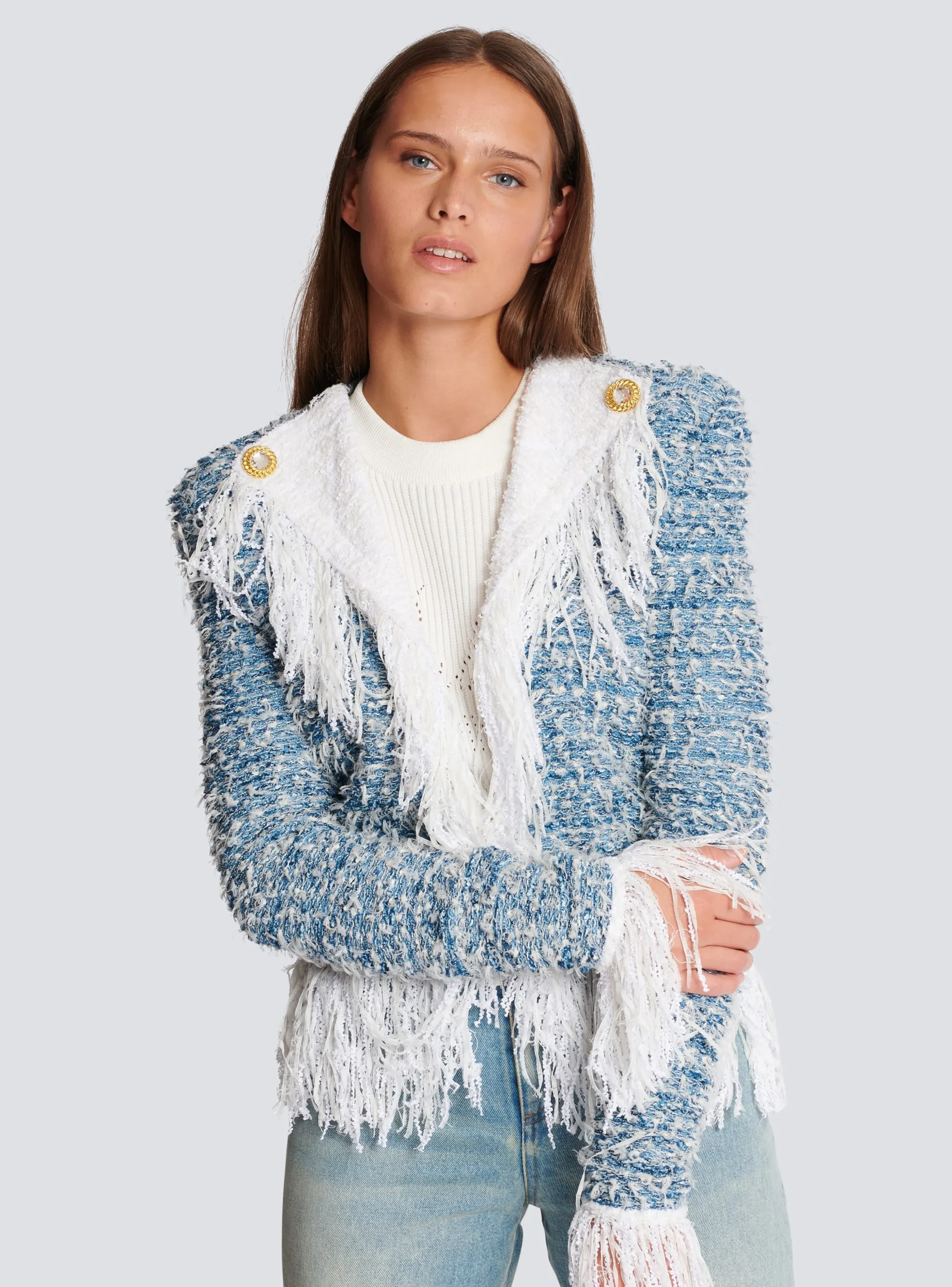 Women Balmain Fringed Denim Tweed Jacket