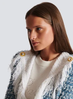Women Balmain Fringed Denim Tweed Jacket