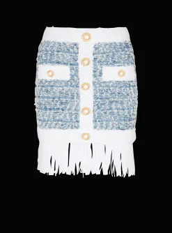 Women Balmain Fringed Denim Tweed Skirt