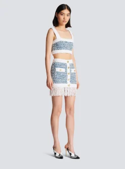 Women Balmain Fringed Denim Tweed Skirt
