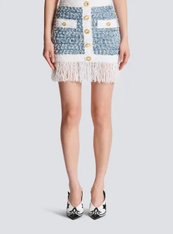 Women Balmain Fringed Denim Tweed Skirt