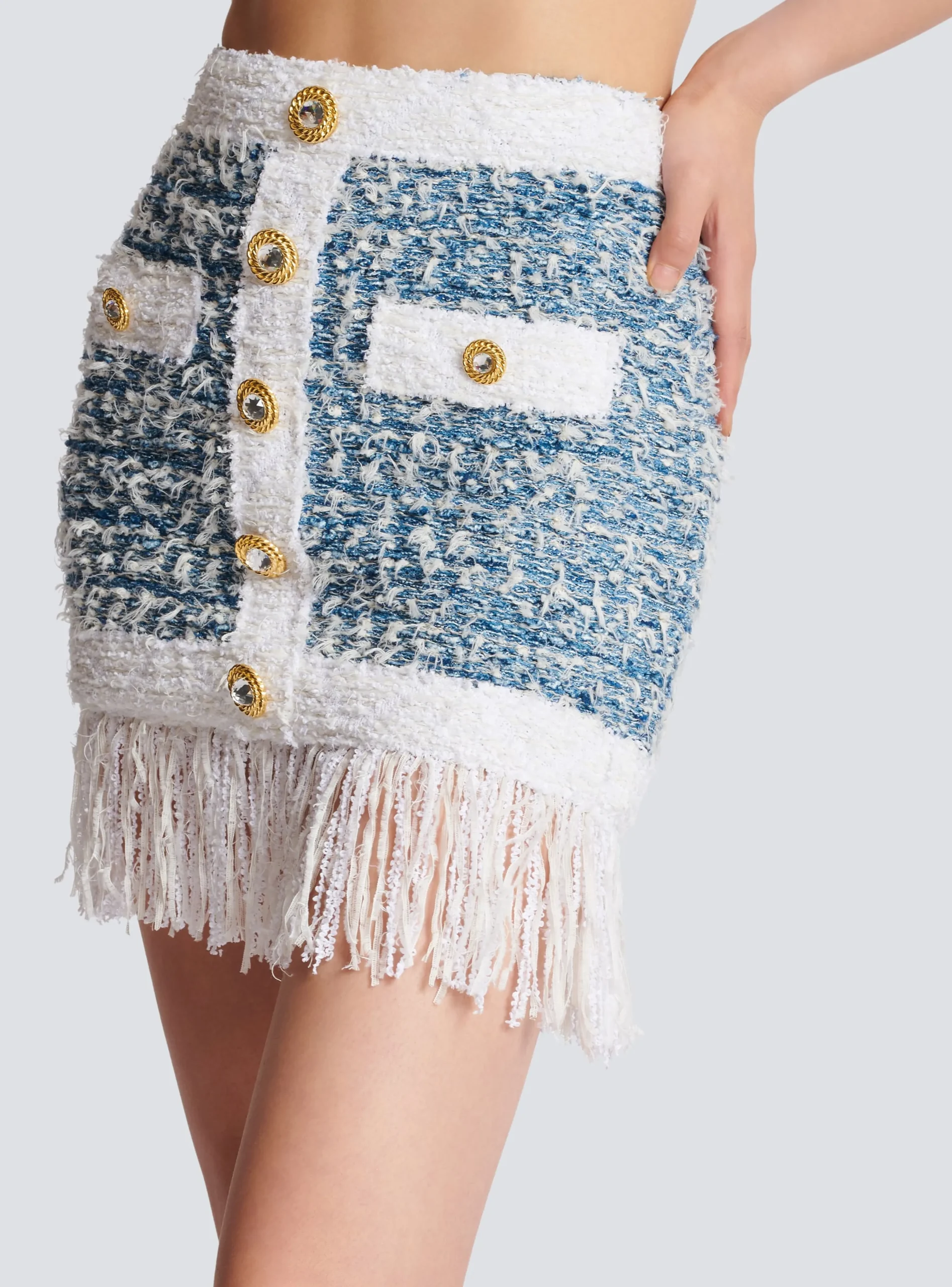 Women Balmain Fringed Denim Tweed Skirt