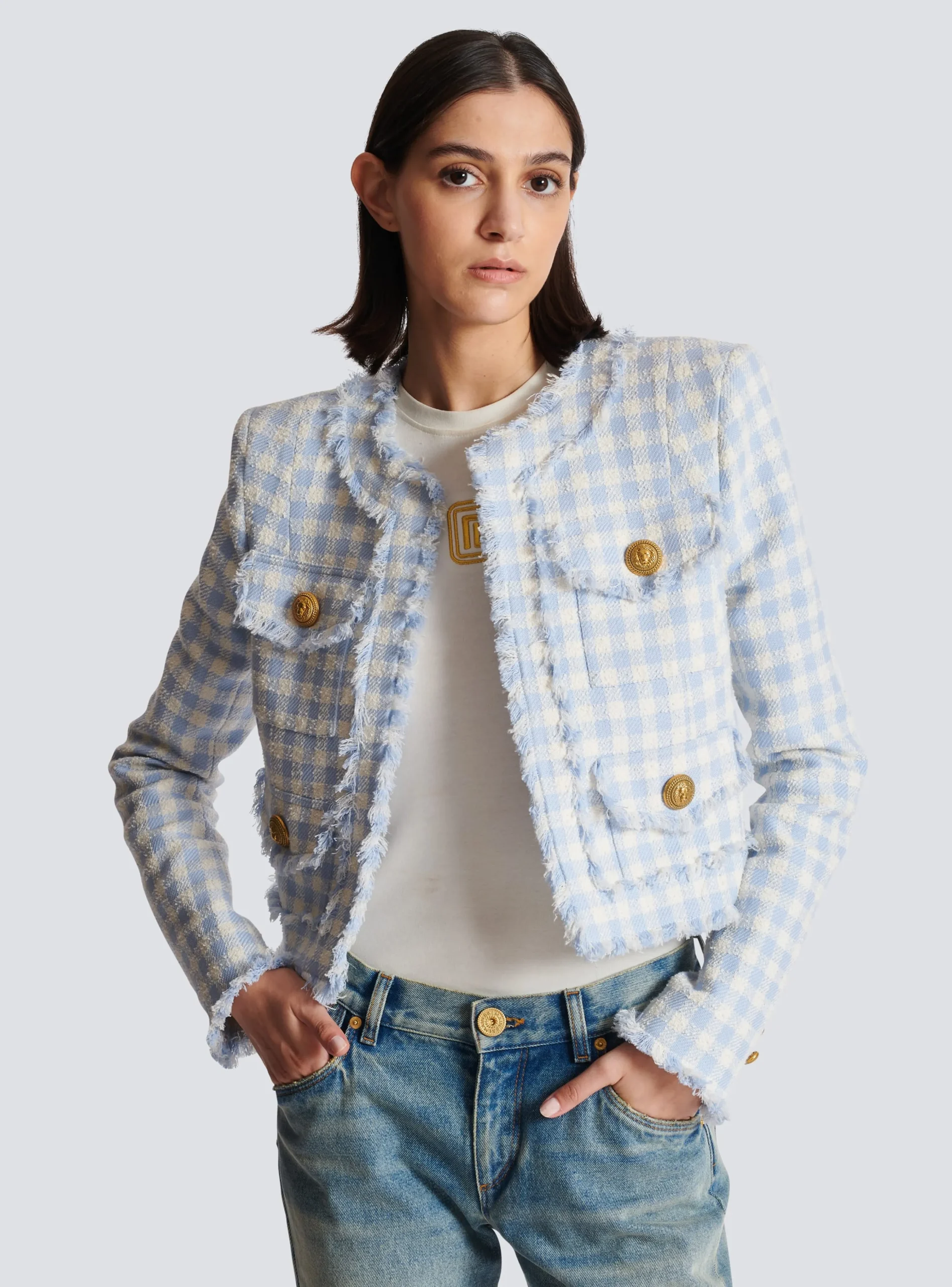 Women Balmain Gingham Tweed Jacket