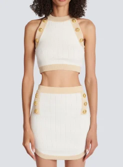 Women Balmain Gold-trimmed Knit Crop Top