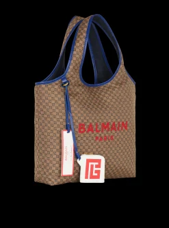 Women Balmain Grocery Bag In Monogram Canvas And Smooth Leather