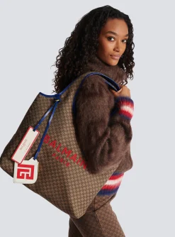 Women Balmain Grocery Bag In Monogram Canvas And Smooth Leather
