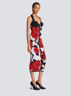 Women Balmain Halterneck Dress In Roses Jacquard Knit