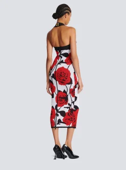 Women Balmain Halterneck Dress In Roses Jacquard Knit