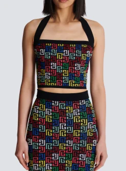 Women Balmain Halterneck Top In Pop Monogram Knit