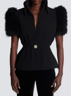 Women Balmain Jacket With Short Faux Fur Sleeves