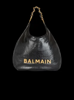 Women Balmain Large 1945 Soft Hobo Bag In Embossed Crinkled Calfskin With A PB Labyrinth Monogram