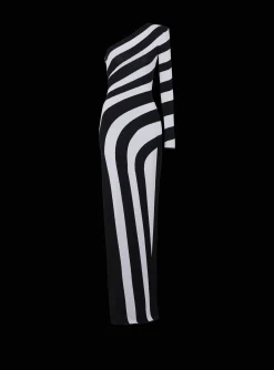 Women Balmain Long Asymmetrical Striped Knit Dress