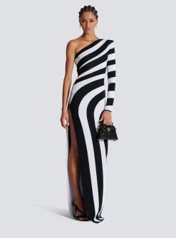 Women Balmain Long Asymmetrical Striped Knit Dress
