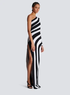 Women Balmain Long Asymmetrical Striped Knit Dress