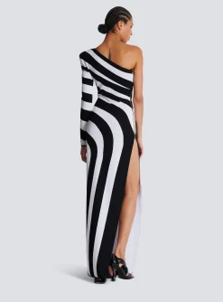 Women Balmain Long Asymmetrical Striped Knit Dress