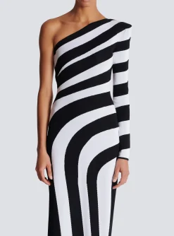 Women Balmain Long Asymmetrical Striped Knit Dress