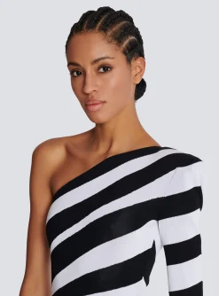 Women Balmain Long Asymmetrical Striped Knit Dress
