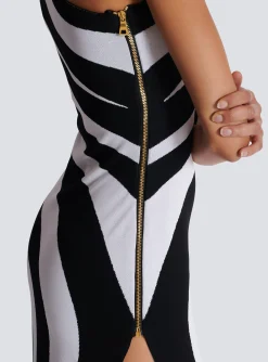 Women Balmain Long Asymmetrical Striped Knit Dress