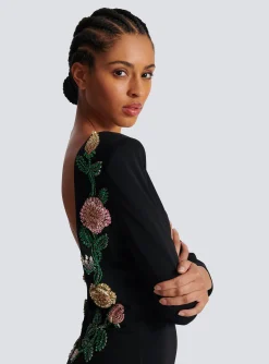 Women Balmain Long Backless Dress With Roses Embroidery
