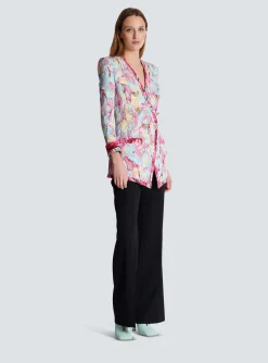 Women Balmain Long 6-button Jacket With Feather Print