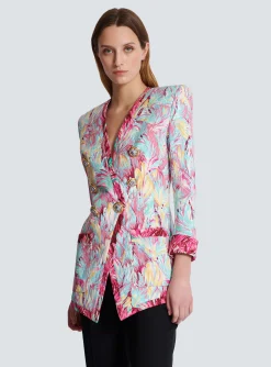 Women Balmain Long 6-button Jacket With Feather Print
