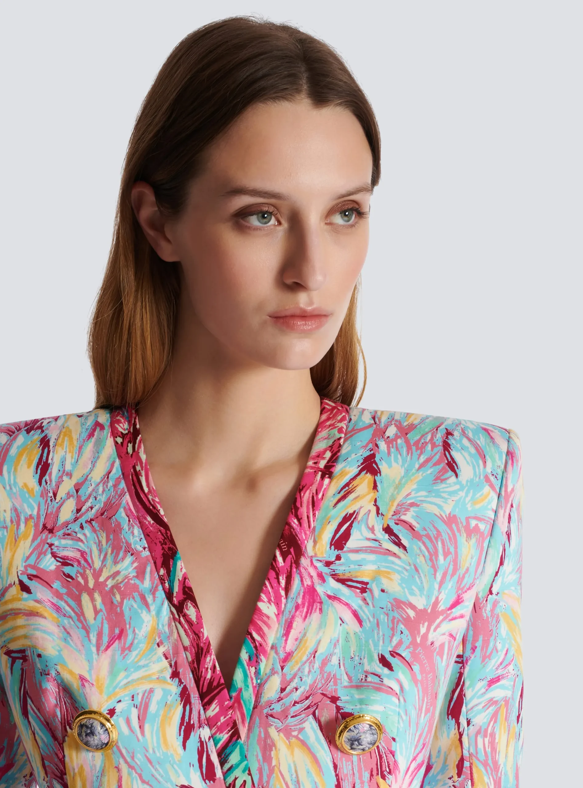 Women Balmain Long 6-button Jacket With Feather Print