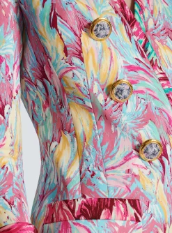 Women Balmain Long 6-button Jacket With Feather Print