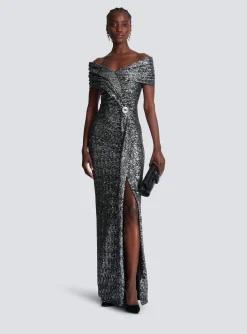 Women Balmain Long Draped Sequin Dress