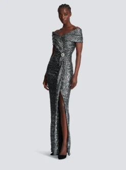 Women Balmain Long Draped Sequin Dress