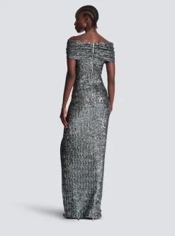 Women Balmain Long Draped Sequin Dress