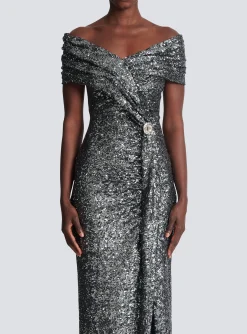 Women Balmain Long Draped Sequin Dress