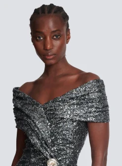 Women Balmain Long Draped Sequin Dress