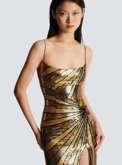 Women Balmain Long Dress With Sequin Embroidery