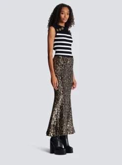 Women Balmain Long Skirt With Sequin Embroidery