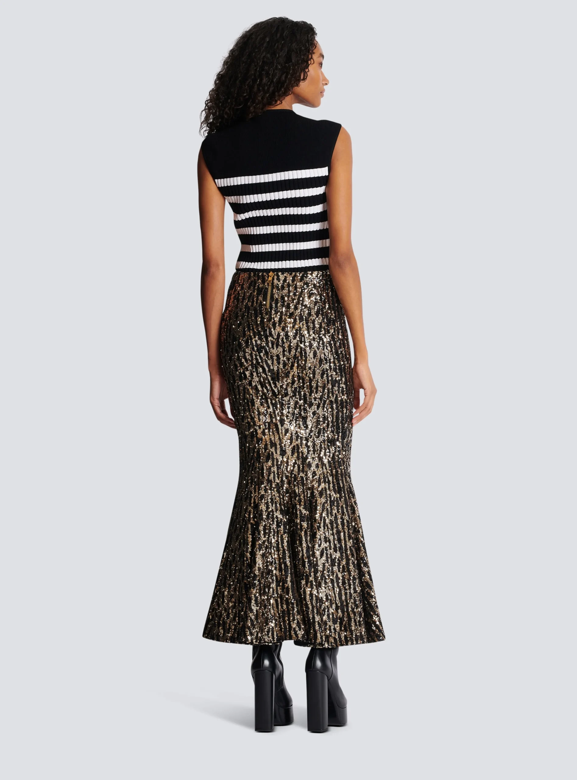 Women Balmain Long Skirt With Sequin Embroidery