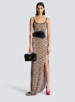 Women Balmain Long Strappy Snakeskin Knit Dress